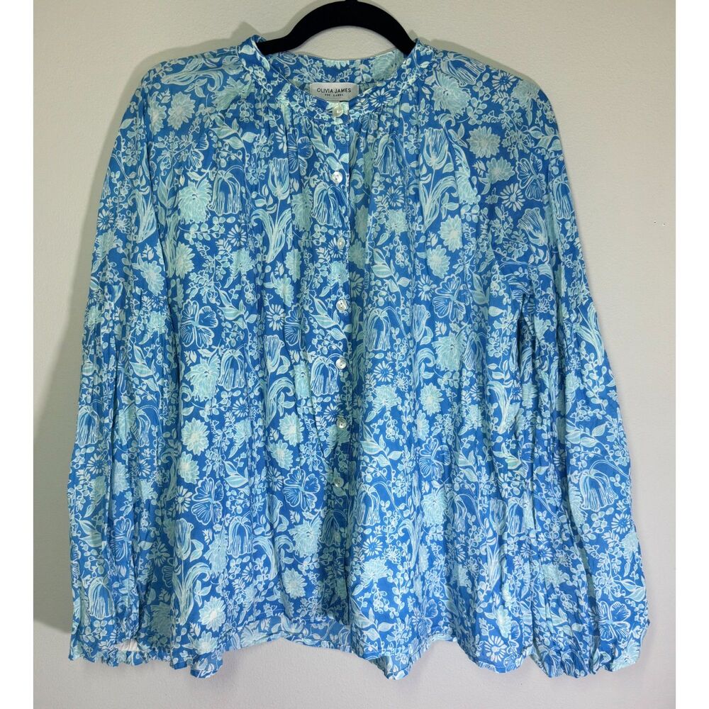 Olivia James Small S Blue Floral Cotton Button Front Top Coastal Boho Resortwear